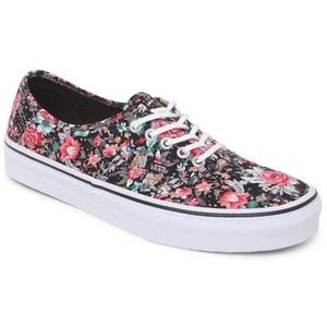 VANS Multi Floral Lace Up Canvas Sneaker. Black/Floral Print. Women 5.5. Men 4